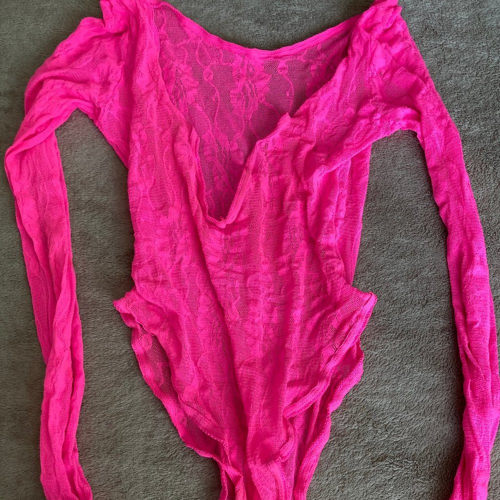 V neck long sleeve lace hot pink onesie bodysuit lingerie